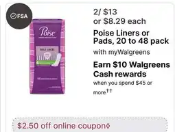 Walgreens Poise Liners or Pads, 20 to offer