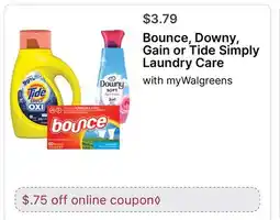 Walgreens Bounce, Downy, Gain or Tide Simply Laundry Care offer