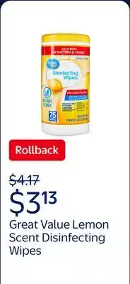 Walmart Great Value Lemon Scent Disinfecting Wipes, 1 Lbs, 5.5 oz offer