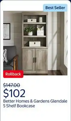 Walmart Better Homes & Gardens Glendale 5 Shelf Bookcase with Doors, Rustic Gray Finish offer