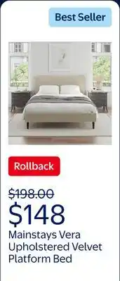 Walmart Mainstays Vera Upholstered Velvet Platform Bed, No Box Spring Required, Queen, Cream offer