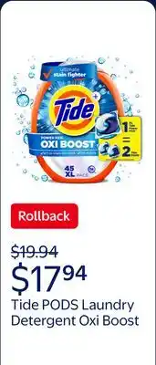 Walmart Tide PODS Laundry Detergent Pacs, Oxi Boost Power PODS with Stain Remover and Oxi Power offer