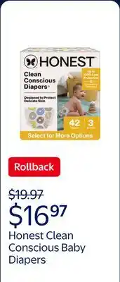 Walmart Honest Clean Conscious Baby Diapers Size 3 (16-28 lbs), Hypoallergenic and Fragrance Free offer