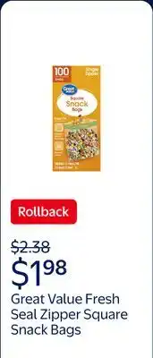 Walmart Great Value Fresh Seal Zipper Square Snack Bags offer