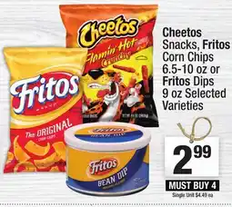 Super King Markets Cheetos Snacks, Fritos Corn Chips 6.5-10 oz or Fritos Dips 9 oz offer