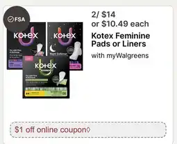 Walgreens Kotex Feminine Pads or Liners offer
