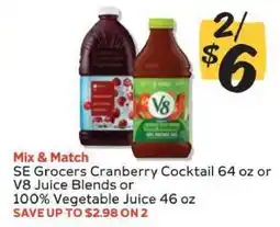 Winn Dixie SE Grocers Cranberry Cocktail or V8 Juice Blends or 100% Vegetable Juice offer