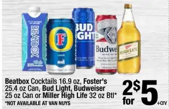 Super King Markets Beatbox Cocktails, Foster's, Bud Light, Budweiser, Miller High Life offer