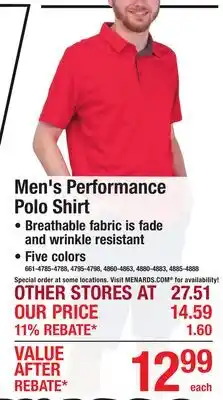 Menards Men's Performance Polo Shirt offer