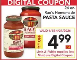 Pete's Fresh Market 24 oz. Rao's Homemade PASTA SAUCE offer