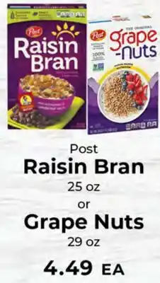 Sunset Foods Post Raisin Bran 25 oz or Grape Nuts 29 oz offer