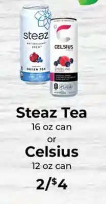 Sunset Foods Steaz Tea 16 oz can or Celsius 12 oz can offer