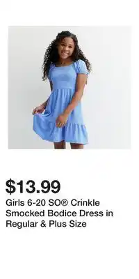 Kohl's Girls 6-20 SO Crinkle Smocked Bodice Dress in Regular & Plus Size offer