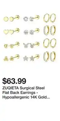 Kohl's ZUQIETA Surgical Steel Flat Back Earrings - Hypoallergenic 14K Gold Plated for Sensitive Ears offer