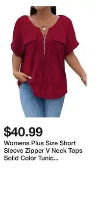 Kohl's Womens Plus Size Short Sleeve Zipper V Neck Tops Solid Color Tunic Shirts Summer offer