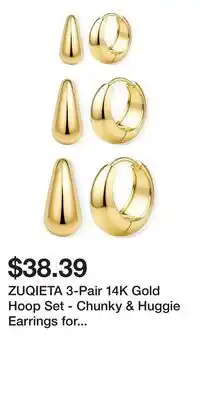 Kohl's ZUQIETA 3-Pair 14K Gold Hoop Set - Chunky & Huggie Earrings for Multiple Piercing offer