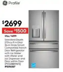 Lowe's Profile Standard Depth 279-cu ft 4-Door 36in Wide Smart Compatible French Door Refrigerator with Ice Maker with Water offer