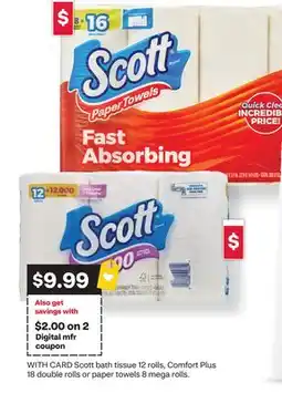 CVS Scott bath tissue 12 rolls, Comfort Plus 18 double rolls or paper towels 8 mega rolls offer
