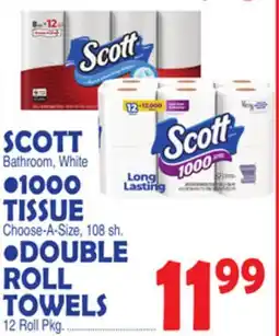 Bravo Supermarkets SCOTT Bathroom, White • 1000 TISSUE Size Choose - A -, 108 sh. • DOUBLE ROLL TOWELS offer