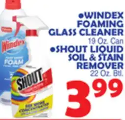 Bravo Supermarkets WINDEX FOAMING GLASS CLEANER 19 Oz. Can SHOUT LIQUID SOIL & STAIN REMOVER offer