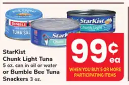 ACME StarKist Chunk Light Tuna 5 oz. can in oil or water or Bumble Bee Tuna Snackers 3 oz offer