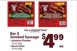 ACME Bar-S Smoked Sausage Jalapeño Cheddar 32 oz. pkg. Bacon Swiss 32 oz. pkg offer