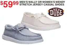 Dunham's Sports HEY DUDE MEN'S WALLY OR WOMEN'S WENDY STRETCH JERSEY CASUAL SHOES offer