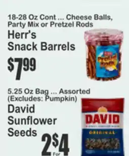 Key Food Herr's Snack Barrels, David Sunflower Seeds offer