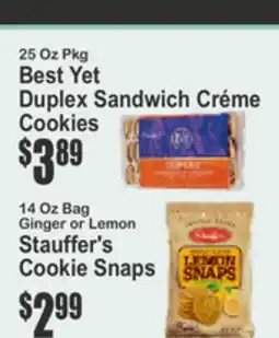 Key Food Best Yet Duplex Sandwich Crème Cookies, Ginger or Lemon Stauffer's Cookie Snaps offer