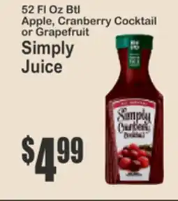 Key Food 52 FL Oz Btl Apple, Cranberry Cocktail or Grapefruit Simply Juice offer