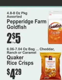 Key Food Pepperidge Farm Goldfish 4.8-8 Oz Pkg Assorted Quaker Rice Crisps 6.06-7.04 Oz Bag offer