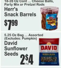 Almonte's Food Dynasty Marketplace Herr's Snack Barrels, David Sunflower Seeds offer
