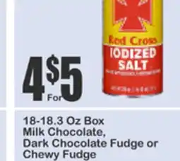 Food Universe 18-18.3 Oz Box Milk Chocolate, Dark Chocolate Fudge or Chewy Fudge offer