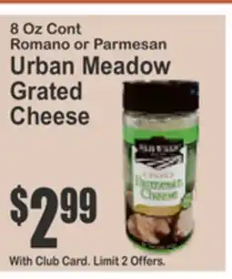 Food Universe 8 Oz Cont Romano or Parmesan Urban Meadow Grated Cheese offer