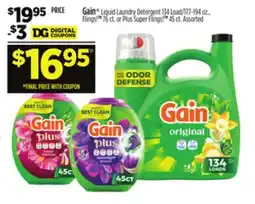 Dollar General Gain Liquid Laundry Detergent, Flings! or Plus Super Flings! offer
