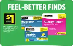 Dollar General DG health Allergy Relief or Ibuprofen Tablets or Chewable Aspirin Tablets offer