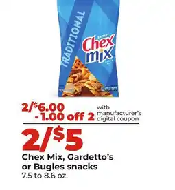 Hy-Vee Chex Mix, Gardetto's or Bugles snacks offer
