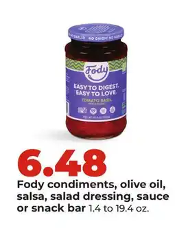 Hy-Vee Fody condiments, olive oil, salsa, salad dressing, sauce or snack bar offer