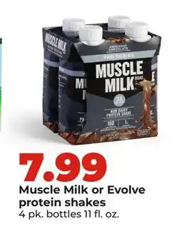 Hy-Vee Muscle Milk or Evolve protein shakes offer