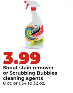Hy-Vee Shout stain remover or Scrubbing Bubbles cleaning agents offer