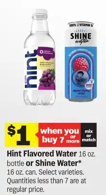 Meijer Hint Flavored Water 16 oz. bottle or Shine Water* 16 oz. can offer