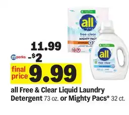 Meijer all Free & Clear Liquid Laundry Detergent 73 oz. or Mighty Pacs 32 ct offer