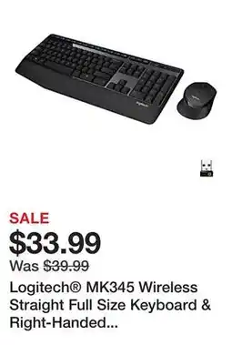 Office Depot Logitech MK345 Wireless Straight Full Size Keyboard & Right-Handed Optical Mouse, Black offer