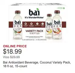 Costco Bai Antioxidant Beverage, Coconut Variety Pack, 18 fl oz, 15-count offer