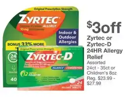 Kinney Drugs Zyrtec or Zyrtec-D 24HR Allergy Relief offer
