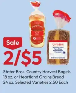 Stater Bros Stater Bros. Country Harvest Bagels 18 oz. or Heartland Grains Bread 24 oz offer