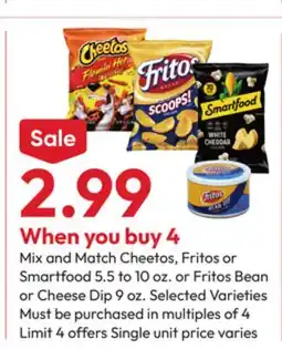Stater Bros Cheetos, Fritos or Smartfood 5.5 to 10 oz. or Fritos Bean or Cheese Dip 9 oz offer