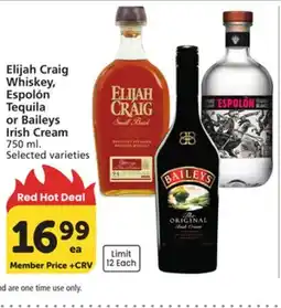 Albertsons Elijah Craig Whiskey, Espolón Tequila or Baileys Irish Cream offer