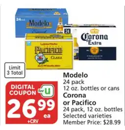 Albertsons Modelo 24 pack 12 oz. bottles or cans Corona or Pacifico 24 pack, 12 oz. bottles offer