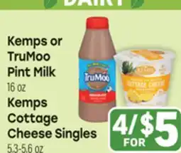 Tony’s Fresh Market Kemps or TruMoo Pint Milk, 16 oz or Kemps Cottage Cheese Singles, 5.3-5.6 oz offer